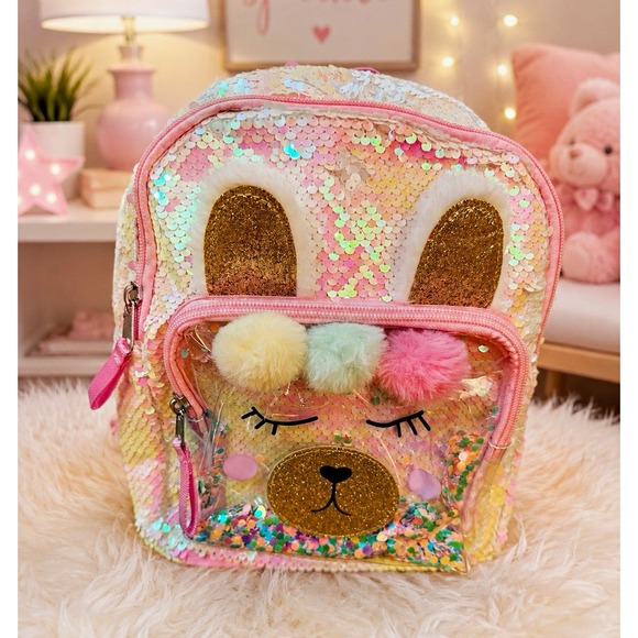 Cat & Jack Other - Cat & Jack Girls NWT Mini Llama Sequin Glitter Backpack Pink Zip Pockets